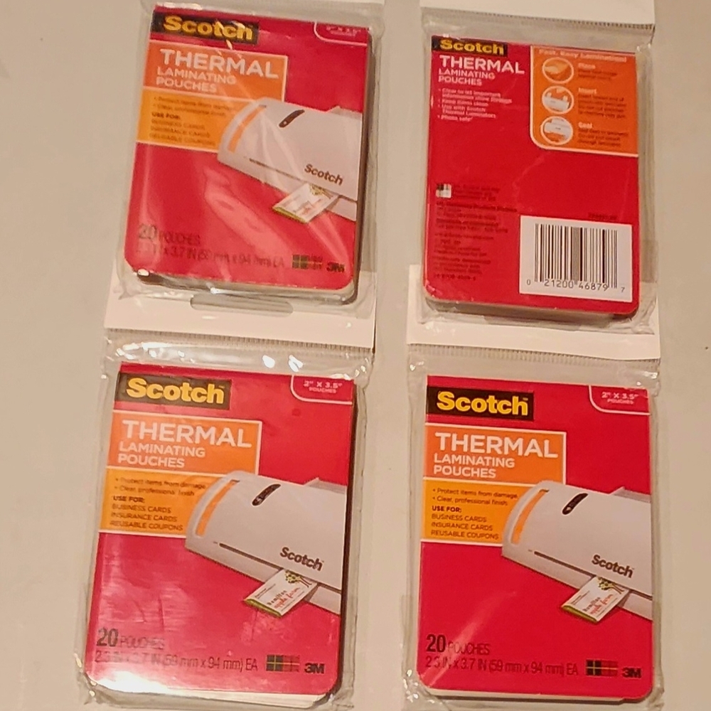 Scotch Thermal Laminating 2x3.5" Pouches 3M 4 packs of 20 each = 80